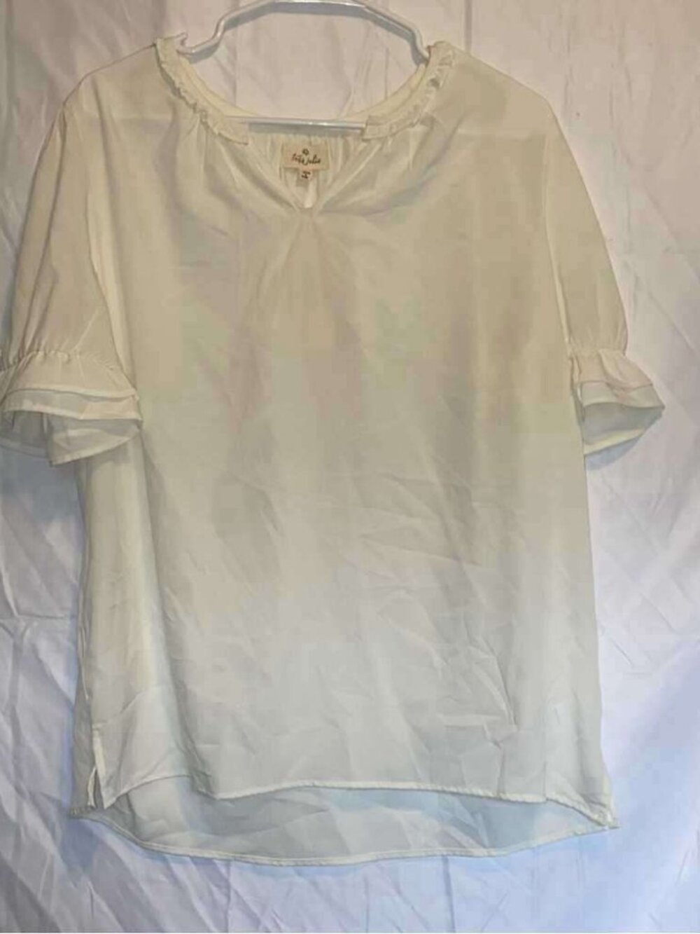White Ruffle Neck Tiered Short Sleeve Blouse